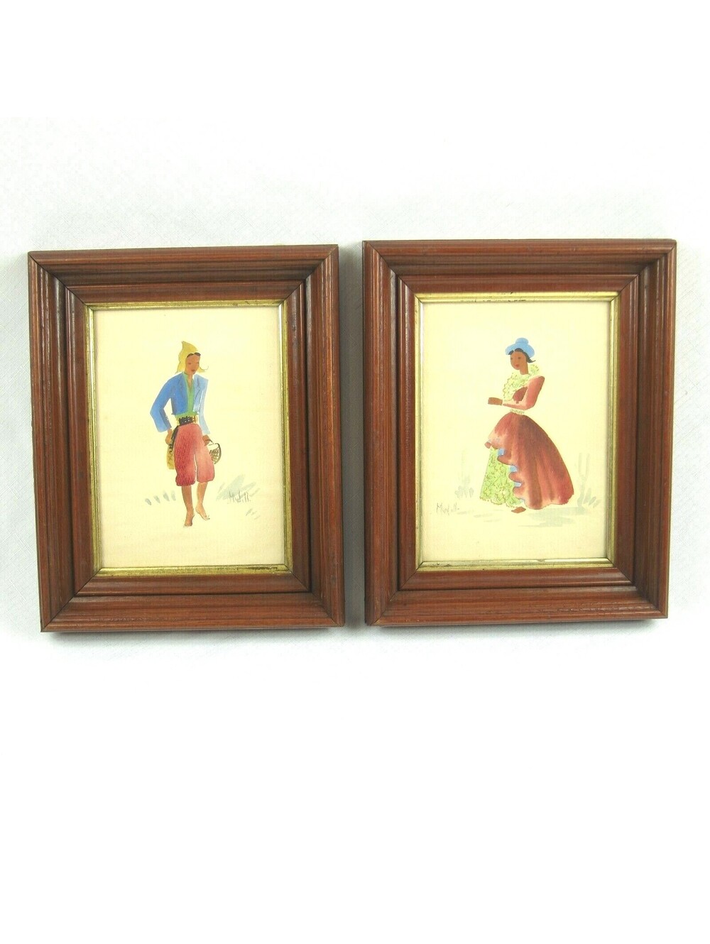 2 Vintage Midcentury Watercolor Paintings Spanish Colonial Figures by M. Wall